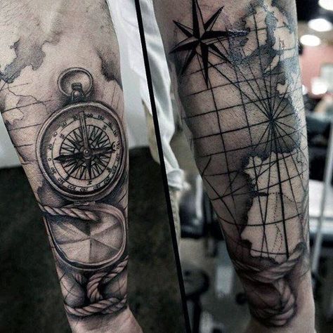 110 Best Compass Tattoo Designs - Wild Tattoo Art Grid Tattoo, Compass Thigh Tattoo, Vintage Compass Tattoo, Compass Tattoos Arm, Nautical Compass Tattoo, Simple Compass Tattoo, Compass Tattoo Men, Compass Rose Tattoo, Map Tattoo