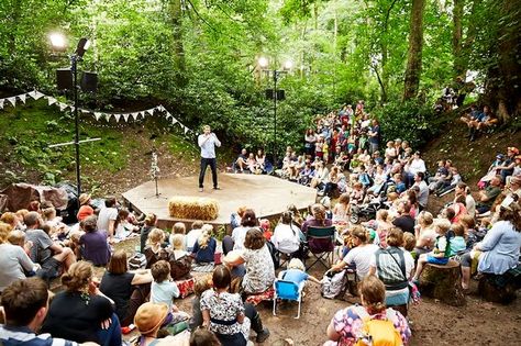 Comedian and author James Campbell in the Woodland Theatre at the Just So Festival at Rode Hall Park near Leek, Staffordshire, in August 2015. Garden Set Design Theatre, Forest Fair Mall, Forest Set Design Theatre, Pavilion In Forest, Sustainable Festival, Forest Amphitheater, Outdoor Theatre, Leek Staffordshire, Kids Festival