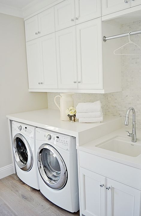 White Laundry Room, Laundry Room Storage Shelves, Small Laundry Room Organization, Room Storage Diy, Stylish Laundry Room, Basement Laundry Room, Dream Laundry Room, Basement Laundry, White Laundry