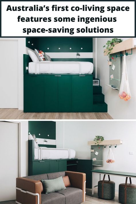 Communal Kitchen, Co Living, Hidden Spaces, Hidden Bed, Small Apartment Interior, Furniture Details Design, Small Apartment Design, Brown Leather Sofa, Small Studio Apartments