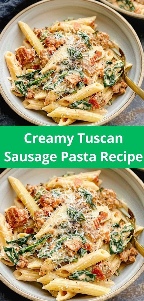 Indulge in creamy Tuscan sausage pasta for a savory, quick meal. Creamy Tuscan Sausage Pasta, Tuscan Sausage Pasta, Tuscan Sausage, Creamy Sausage Pasta, Sausage Pasta Recipe, Sausage Spinach Pasta, Tuscan Pasta, Sausage Pasta Recipes, Ground Italian Sausage