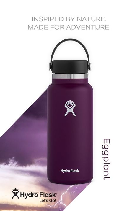 Welcome autumn with new fall colors. 
Introducing a deep purple hue called Eggplant.

Made for adventure.
Inspired by nature.
Outside is our favorite color.
#HeyLetsGo Hydro Flask Bottle, Computer Mockup, Swag Design, Welcome Autumn, Mountain Logo, Real Estate Marketing Design, The Color Purple, Flask Water Bottle, Typo Design