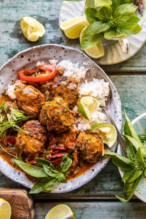 Simple Thai Chicken Zucchini Meatball Curry. - Half Baked Harvest Half Baked Harvest Chicken, Thai Chicken Meatballs, Meatball Curry, Zucchini Meatballs, Red Curry Sauce, Curry Meatballs, Half Baked Harvest Recipes, Chicken Zucchini, Harvest Recipes