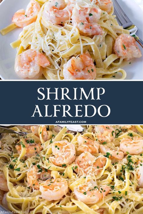 Shrimp Alfredo has tender, perfectly-cooked shrimp and pasta – all tossed in a light and creamy Alfredo sauce. Creamy Shrimp Alfredo, Creamy Garlic Shrimp Recipe, Shrimp Alfredo Pasta Recipes, Shrimp Meals, Shrimp And Pasta, Seafood Linguine, Shrimp Food, Seafood Dinners, Creamy Alfredo Sauce