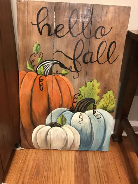 that is butifule Fall Paintings On Wood Easy, Fall Pallet Painting Ideas, Painted Pumpkins On Wood, Fall Painted Signs On Wood, Fall Pumpkin Paintings On Canvas, How To Paint A Pumpkin On Canvas, Fall Paint Party Ideas, Small Fall Paintings, Diy Fall Canvas Painting