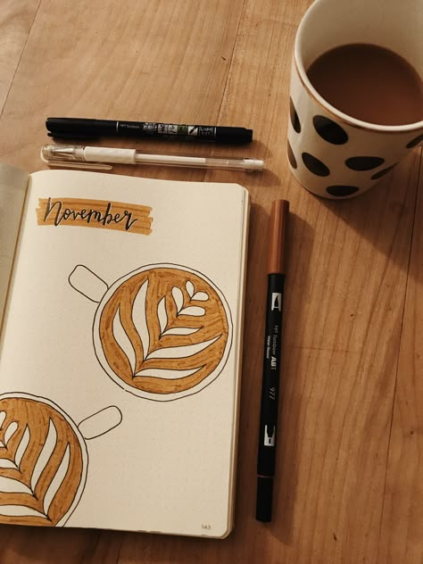 coffee theme Coffee Bullet Journal Theme, Coffee Bujo, Coffee Bullet Journal, Bullet Journal Front Page, Journal Front Page, Bujo 2025, November Bullet Journal, Coffee Theme, Bullet Journal Themes