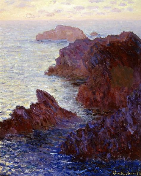 Huile sur toile, 81 x 65 cm, 1886 (W 1101), The Art Museum, Cincinnati (Ohio).  C Monet a fait, dans un format rectangulaire en hauteur, quatre variations sur ce paysage des îles de Domois (et non de Port-Goulphar). L'horizon, ici invisible, est plus ou moins marqué.   Dans cette composition dissymétrique où les masses rocheuses s'appuient au cadre à droite, C Monet joue d'une subtile synthèse entre les systèmes perspectifs européen et extrême-oriental.  C Monet se laisse progressivement ent... Artist Monet, Monet Garden, Cincinnati Art, Plein Air Landscape, Monet Art, Monet Paintings, Textured Painting, Hur Man Målar, Impressionist Paintings