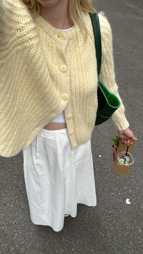 White Skirt Outfit, Europe 2024, Outfit For Summer, 2024 Style, Yellow Cardigan, Yellow Outfit, Cardigan Outfits, White Skirt, Skirt Outfit