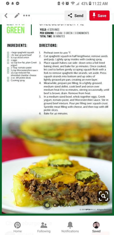 Spaghetti Squash Cheeseburger Pie Lean Dinners, Optavia Hacks, Optavia Lean And Green Recipes, Medifast Recipes, Optavia Lean And Green, Lean Protein Meals, Cheeseburger Pie, Optavia Recipes, Lean And Green