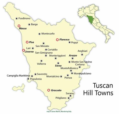 Tuscany Hill Towns Map and Travel Guide | Wandering Italy Cinque Terre Hiking, Tuscany Map, Italy Road, Tuscan Towns, Italian Riviera, Town Map, Italy Map, Mediterranean Cruise, Montepulciano