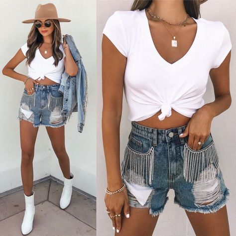 VICIDOLLS on Instagram: “CALLING ALL CONCERT LOVERS // We can see the Rhinestone Cowgirl Distressed Denim Shorts – Denim being styled all Summer long. From…” Rhinestone Shorts, Rhinestone Outfit, Rhinestone Cowgirl, Outfit Shorts, Denim Shorts Outfit, Shorts Outfit, Shorts Denim, Distressed Denim Shorts, Distressed Denim