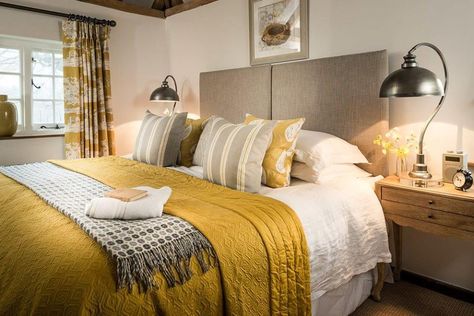 Vanessa Arbuthnott ....mustard/grey Mustard And Grey Bedroom, Mustard Bedroom, Lily Elsie, Yellow Bedroom Decor, Hummingbird House, Yellow Bedroom, Gray Bedroom, Master Bedrooms Decor, East Sussex