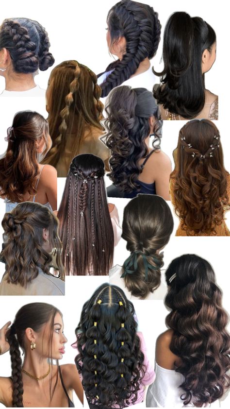 Cute Hairstyles For Long Hair With Extensions, Hair Inspo Style Braids, Cute Brunette Hairstyles Long, Grade 8 Hairstyles, Bubble Braid With Mini Braid, Cute Hairstyles With Hair Down, Braid Hairstyles For Straight Hair, Cute Curls For Medium Hair, Hair Mood Board Inspiration