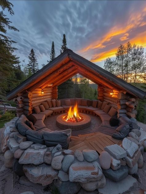 Backyard Deck Ideas, Creative Backyard, Cabin Renovation, Backyard Fireplace, Cozy Patio, Outdoor Living Rooms, Peaceful Home, Log Cabin Homes, Design Exterior