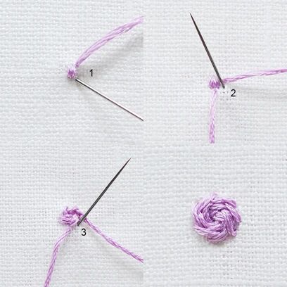 different types of embroidery stitches s rose stitch Rose Stitch, Types Of Embroidery Stitches, Satin Stitch Flower, Flower Hand Embroidery, Sulaman Pita, French Knot Stitch, Hand Embroidery Ideas, Mollie Makes, Basic Embroidery Stitches