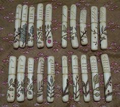 Hazel Ogham rune set of hand carved staves. I'll bet someone could easily make these too! Dark Laboratory, Ogham Staves, Ogham Runes, Hawke Dragon Age, Pagan Crafts, Witchy Crafts, Celtic Tree, Samhain, Book Of Shadows