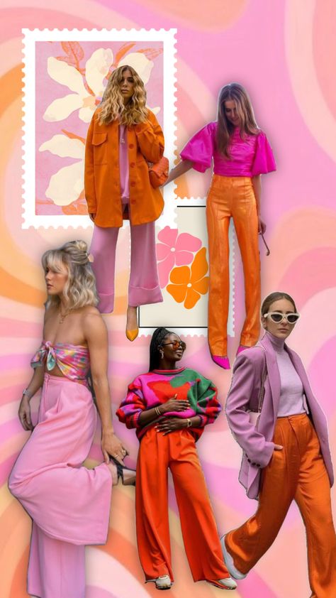 Pink Orange Aesthetic Outfit, Hot Pink And Orange Outfit Summer, Disco Pink Outfit, Orange Pink Outfits, Orange And Hot Pink Outfit, Pink And Orange Fashion, Orange And Fuschia Outfit, Pastel Color Block Outfit, Sunset Color Outfit