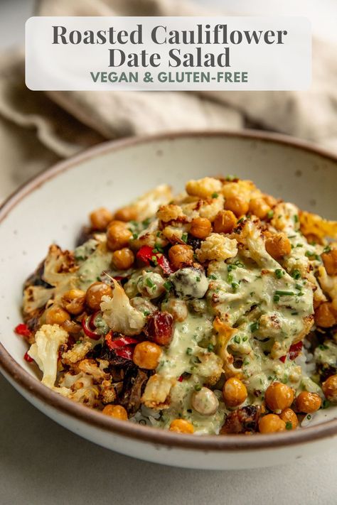 Roasted Cauliflower And Date Salad, Recipes With Chives, Date Salad, Roasted Lentils, Chives Recipe, Healthy Vegan Dinner Recipes, Healthy Vegan Dinner, Vegan Salads, Crispy Chickpeas