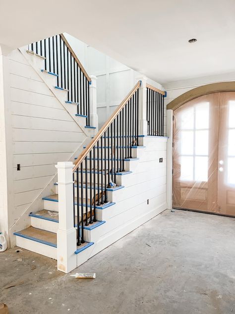 Shiplap Stairs, Wall Staircase, Built In Shelves Living Room, Stair Railings, Panel Wall, Stair Railing, Built In Shelves, Small Home, House Stuff