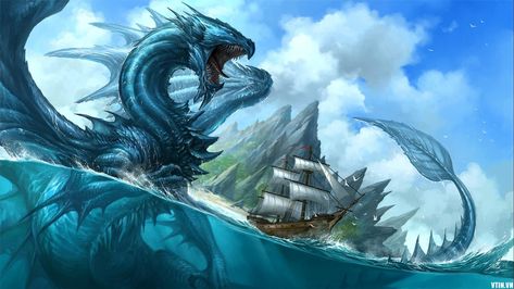 Water Dragon (Alpha Level Dragon) Types Of Dragons, Creature Fantasy, Water Dragon, Sea Dragon, Dragon Pictures, Dragon Artwork, Blue Dragon, Dragon Drawing, Sea Monsters