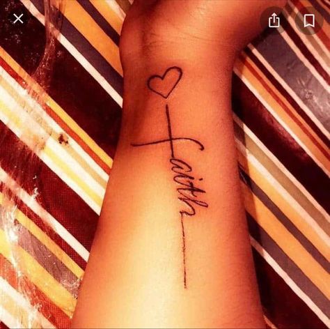 Faith Over Fear Tattoo For Women Forearm, Faith Tattoo Ideas For Women Simple, Faith Word Tattoo, Faith Arm Tattoos For Women, The Word Faith Tattoo, Faith And Family Tattoo, Cross Faith Tattoo, Forearm Cross Tattoos For Women, Tattoo Ideas Faith