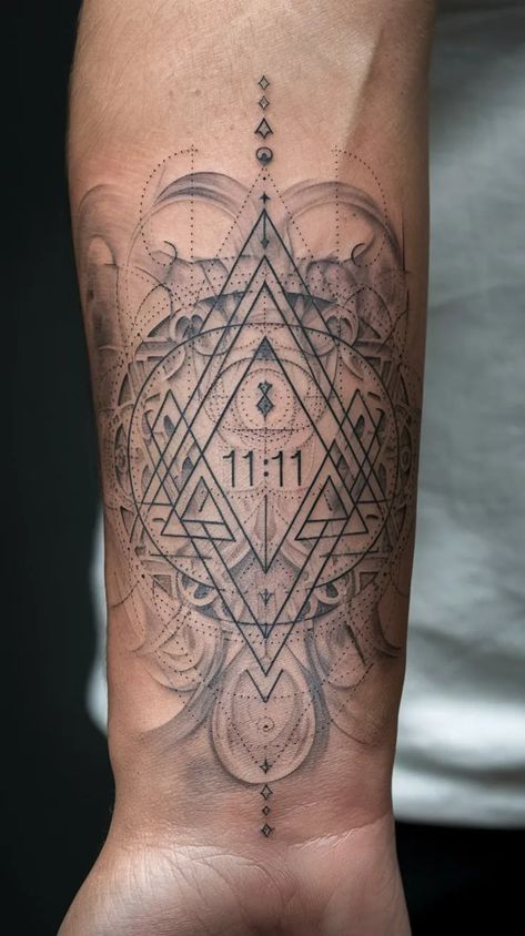 Sacred Geometry Tattoo Sleeve, 11 11 Tattoos, Spiritual Sleeve Tattoos For Women, Merkaba Tattoo, 1111 Tattoo, 11 Tattoo, Alchemy Tattoo, Chakra Tattoo, Throat Tattoo