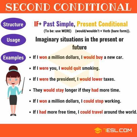 Conditionals are an important part of English grammar. Take a look at the following explanation to learn how to use the second conditional correctly. Conditionals Grammar, Second Conditional, Conditional Sentences, English Teaching Materials, English Grammar Book, Types Of Sentences, Teaching English Grammar, Grammar Book, English Language Teaching