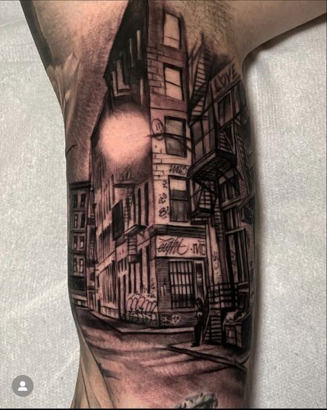 Cityscape Tattoo Design, Urban Tattoos Designs, City Tattoo Design, Brick Wall Tattoo, Building Tattoo, Urban Tattoos, Flying Bird Tattoo, Nyc Tattoo, Bronx Nyc