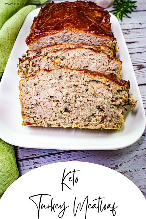 Sliced keto turkey meatloaf with bacon on a serving plate. Keto Turkey Meatloaf Recipes, Keto Ground Turkey Recipes For Dinner, Turkey Meatloaf Keto Low Carb, Turkey Meatloaf Healthy Low Carb, Keto Turkey Meatloaf, Perfect Meatloaf Recipe, Low Carb Meatloaf Recipes With Pork Rinds, Turkey Meatloaf Paleo, Meatloaf With Pork Rinds Low Carb