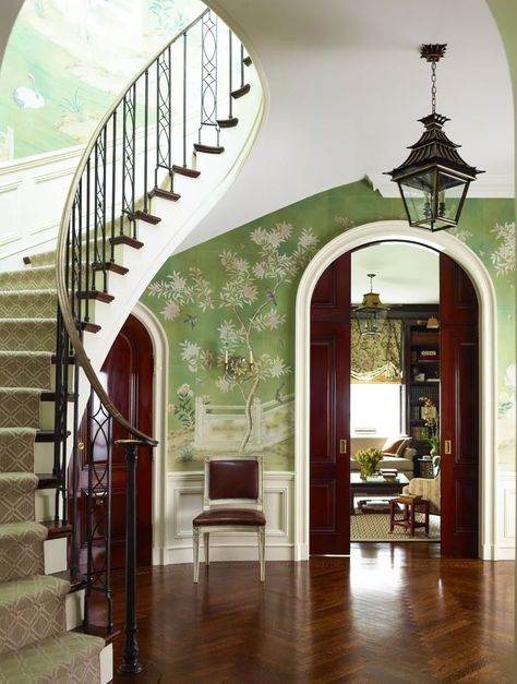 Wallpaper Entryway, Ashley Whittaker, Foyer Wallpaper, Wallpapered Entryway, Gracie Wallpaper, Park Avenue Apartment, Wallpaper Interior Design, Wallpaper Interior, Hand Painted Wallpaper