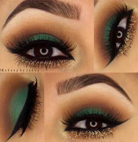 this looks amazing i love the green eye shadow and the contast that the gold glitter eye liner has with it. and the eye lashes give it that finishing touch. Dark Green Prom Makeup, Emerald Green Makeup Looks, Green Prom Makeup, Emerald Eye Makeup, Makeup Verde, Green Dress Makeup, Quinceanera Theme, Green Quinceanera, Gold Makeup Looks