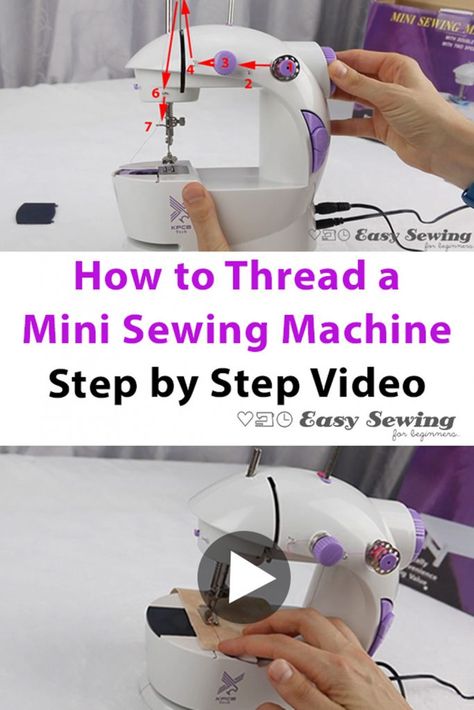 How To Put Thread In Sewing Machine, Mini Sewing Machine How To Use, Mini Sewing Machine Projects, How To Thread A Sewing Machine, Sewing Beginners Learning, Mini Sewing Projects, Sewing Machine Tutorial, Small Sewing Machine, Sewing Machine Beginner