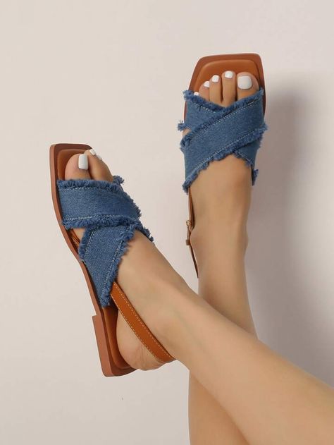 Fringe Trim Criss Cross Denim Slide Sandals | SHEIN USA Casual Shoes Women Sneakers, Denim Slides, Fancy Sandals, Diy Slippers, Women Flat Sandals, Denim Sandals, Fashion Shoes Sandals, Denim Handbags, Fashion Slippers