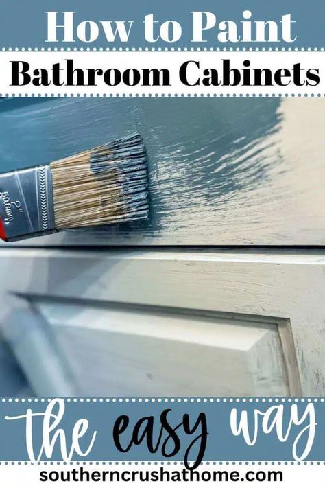 How to Paint Bathroom Cabinets the Easy Way https://www.southerncrushathome.com/how-to-paint-bathroom-cabinets/ Paint Bathroom Cabinets, Bathroom Cabinet Colors, Bathroom Cabinet Makeover, Painted Vanity Bathroom, Paint Bathroom, Bathroom Cupboards, Bathroom Cabinets Diy, Blue Gray Paint Colors, Painting Bathroom Cabinets