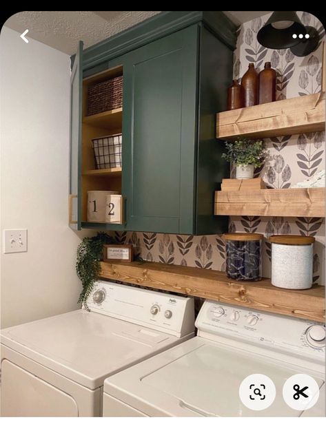 Laundry Wood Shelves, Laundry Room Cabinet Colors Farmhouse, Masculine Laundry Room, Finished Laundry Room In Basement, Funky Laundry Room Ideas, Laundry Room With Front Loaders, Laundry Room Ideas Front Loaders, Open Laundry Room Ideas, Sage Laundry Room