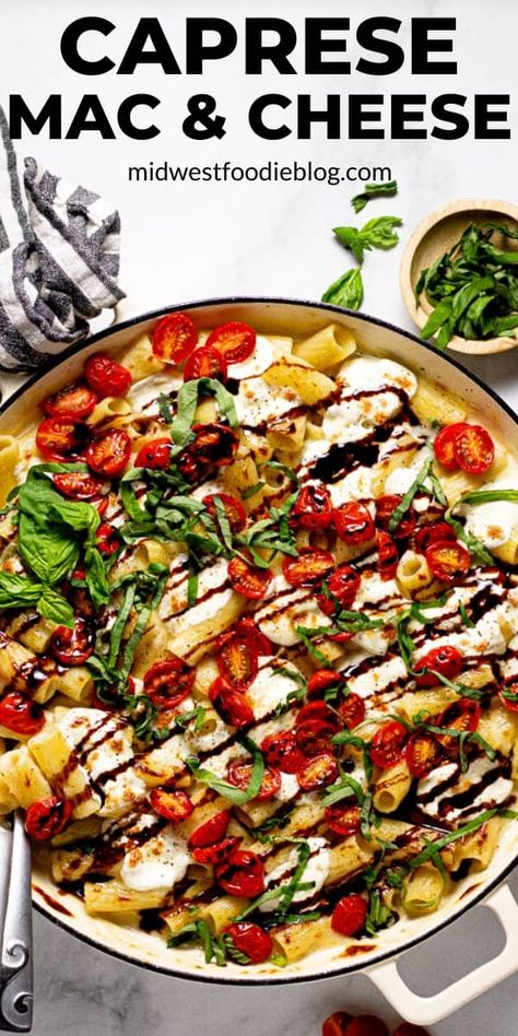 25 minutes and 10 ingredients is all it takes to make this vegetarian Caprese mac and cheese - the perfect twist on a tried and true classic family dinner! It's loaded with sharp white cheddar, shredded Parmesan and fresh mozzarella along with grape tomatoes, fresh basil, and balsamic glaze! Mozzarella Mac And Cheese, One Pot Dinners, Easy Family Dinners, Family Dinner Recipes, White Cheddar, Balsamic Glaze, Vegetarian Recipes Dinner, Grape Tomatoes, Fresh Mozzarella