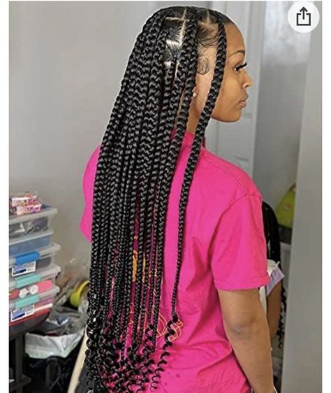 Jumbo Knotless Box Braids With Curls At The End, Big Square Box Braids, Medium Knot Less Box Braids, Large Knotless Box Braids With Curls At The End, Large Knotless Braids Curly Ends, Large Knotless With Curls At The End, Nutless Braids Styles, Box Braids Hairstyles Medium Large, Big Knotless Braids With Curls