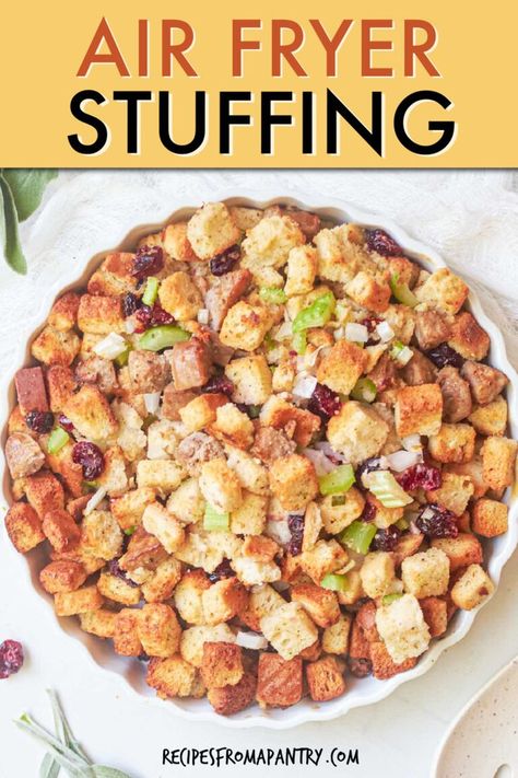 Air Fryer Stuffing is one of those delicious air fryer recipes that you will make over and over. You will love this flavorful combination of bread cubes, sausage, and classic stuffing seasonings. A great way to free up oven space is by making this Air Fryer Stuffing as part of your holiday feast, but it's also so quick and easy that you can make it for your weekday meals. Click through to get this awesome stuffing in air fryer recipe!! #stuffing #airfryer #thanksgiving #holidayrecipes #sidedish Air Fryer Stuffing, Healthy Air Fryer Dinner, Easy Air Fryer Recipes Healthy, Air Fryer Lunch Recipes, Dinner Recipes For A Crowd, Air Fryer Dinner Ideas, Easy Air Fryer Dinner Recipes, Air Fryer Lunch, Dinner Recipes Air Fryer