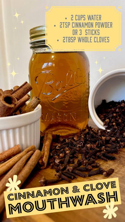 The Benefits and How to Make Cinnamon & Clove Mouthwash: - Everlightful Clove Mouthwash, Diy Mouthwash Recipes, Cloves Health Benefits, Diy Mouthwash, Cloves Benefits, Essential Oil Roller Bottle Recipes, Homemade Mouthwash, Diy Cinnamon, Mouth Wash