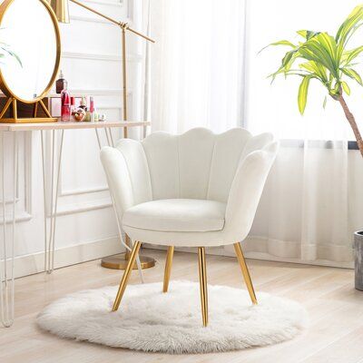 Are you looking for a modern, practical, and very special vanity chair? Then this gold modern shaped chair is made for you! | Everly Quinn Accent Chair For Living Room, Gold Cute Vanity Chair w/ Back For Makeup Room, Upholstered Shaped Office Guest Modern Chair Arm Chair | C005122719 | Wayfair Canada Vanity Chair Ideas Bathroom, Vanity Chairs With Backs, White Vanity Chair, Cute Vanity, Chambre Inspo, Gold Bedroom Decor, Room Cute, White Room Decor, Gold Chair