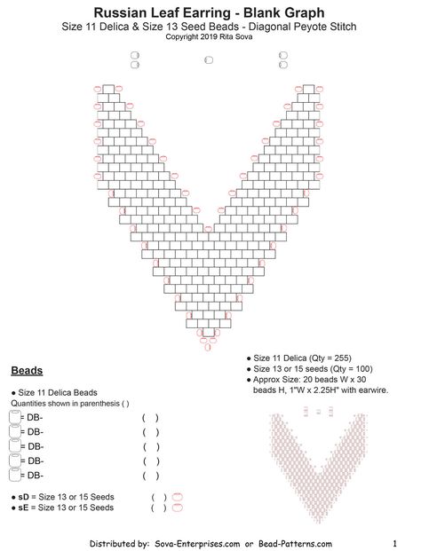 Russian Leaf Earring - Blank Graph, Sova-Enterprises.com Russian Leaf Pattern, Russian Leaf Earrings, Seed Bead Tutorials, Leaf Earring, Motifs Perler, Beading Patterns Free, Brick Stitch Pattern, Seed Bead Patterns, Beaded Tassel Earrings