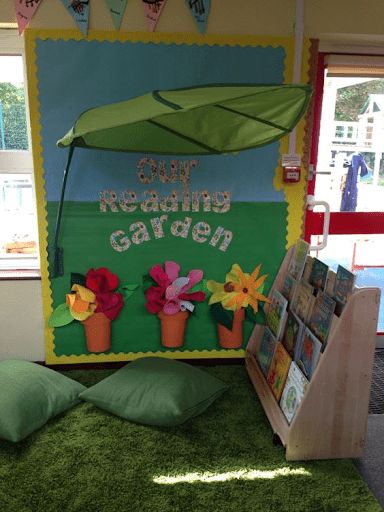 12 Preschool Classroom Themes To Welcome the Littlest Learners Bee Theme Reading Corner, Reading Garden Book Corner, Reading Garden Eyfs, Reading Garden Classroom, Kindergarden Theme, Garden Eyfs, Architect Room, Fairytale Classroom, Flower Classroom