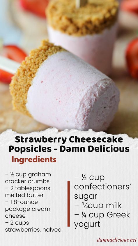 Oh-so-creamy strawberry cheesecake in popsicle-form with a mile-high graham cracker crust! Happy Monday! We’re starting off the week some fun frozen Strawberry Cheesecake Popsicles, Cheesecake Popsicles, Rhubarb Desserts, Ice Lollies, Milk Packaging, Cracker Crust, Ice Lolly, Ice Cream Treats, Yogurt Cups