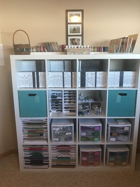 Craft Room improvements.  Started with a BHG 16 cube storage unit.  Very easy to put together - did it myself.  Only needed hubby's help to lift it and put in place.  It weighs 138 lbs!!!!!  When my hubby moves his craft stuff (models) this spring I will show the whole room.  Stay tuned for more improvements!!!!! Cubicle Storage, Craft Room Organization Storage, Office Craft Room Combo, Office Cube, Room Improvement, Inventory Storage, Storage Unit Organization, Cubicle Decor Office, Cube Storage Unit