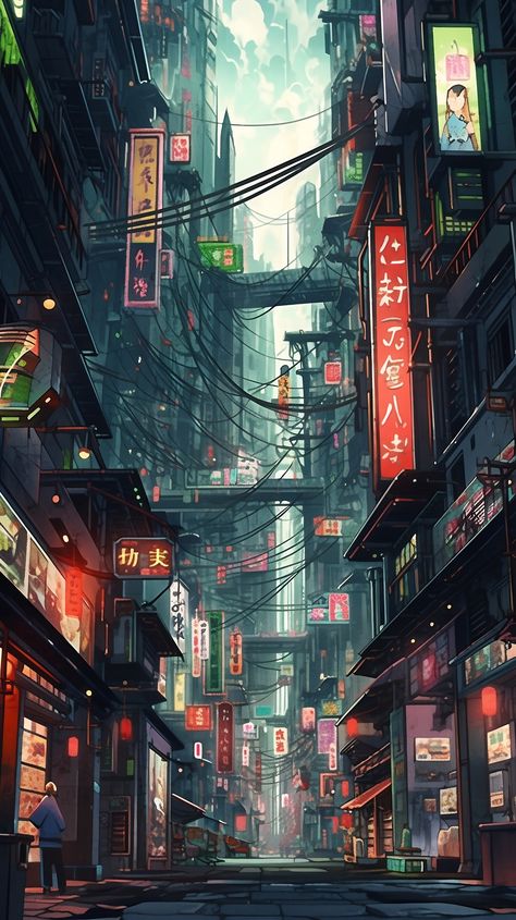 Art of Japanese cyberpunk city Neo Tokyo Cyberpunk, Anime City Scape, Cyberpunk City Scape, Cyberpunk Landscape Art, Cyberpunk City Layout, Fantasy Cyberpunk City, Dystopian Cyberpunk City, City Aesthetic Anime, Streetpunk Aesthetic