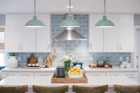 As seen on HGTV's Hidden Potential, this white kitchen features a light blue tile backsplash. Light Blue Backsplash, Blue Backsplash Kitchen, Light Blue Tile, White Contemporary Kitchen, Contemporary White Kitchen, Tiles Backsplash, Contemporary Style Kitchen, Blue Backsplash, Hidden Potential