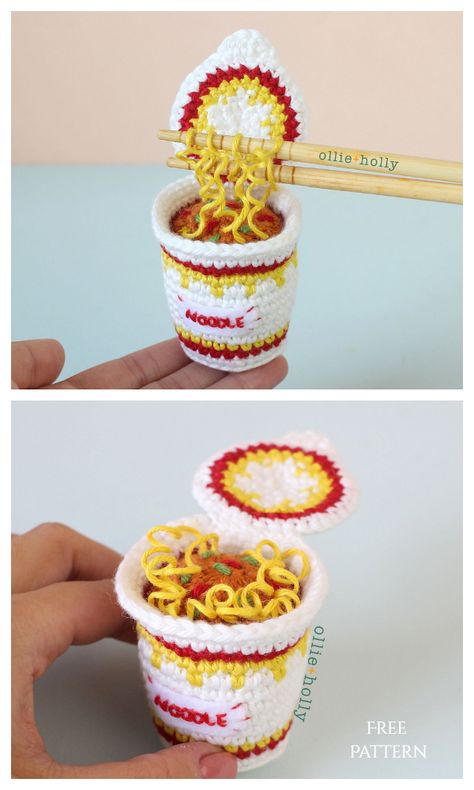 Crochet Japanese Ramen Noodles Look So Real Crochet Ramen, Crochet Pasta, Crochet Japanese, Crochet Lovey Free Pattern, Cup Ramen, Japanese Ramen Noodles, Change Colors In Crochet, Memorial Beads, Easy Crochet Animals