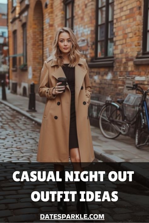 Woman in a camel coat holding a coffee cup walking down a cobblestone street. Moms Night Out Outfit Ideas, Outfit For Casual Dinner, Dinner With Coworkers Outfit, Friday Dinner Outfit, Girls Night Out Outfit Ideas Summer, Casual Nice Dinner Outfit, Office Dinner Outfit Night, Dinner With Friends Outfit, Friends Text