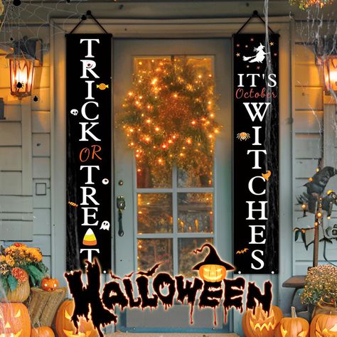 PRICES MAY VARY. Durable Halloween Decor: Made from 200D polyester, the 12x71'' banner is durable and wind-resistant. Whether exposed to sunlight, rain, or chilly winds, it maintains vibrant colors without fading, ensuring that you can use it for every Halloween Vivid Halloween Decoration: The Halloween banner features black and white as the main colors, along with a lively design. The left side is printed with ‘TRICK OR TREAT’ while the right side reads ‘It's October WITCHES,’ perfectly shows t Halloween Standing Door Sign, Welcome Witches Door Sign, Welcome To Halloween Town Sign, Trick Or Treat Wood Porch Sign, Its October Witches Door Sign, Home Front Door, Halloween Decorations Outdoor, Porch Welcome Sign, Welcome Signs