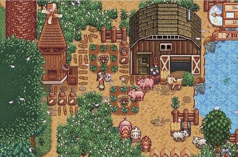 Stardew Valley Natural Farm, Stardew Multiplayer Farm, Stardew Valley Classic Farm Layout, Stardew Valley Forest Farm Layout Ideas, Mill Stardew Valley, Stardew Farm Aesthetic, Stardew Farm Layout Aesthetic, Stardew Valley Standard Farm Layout Year 1, Chicken Coop Stardew Valley